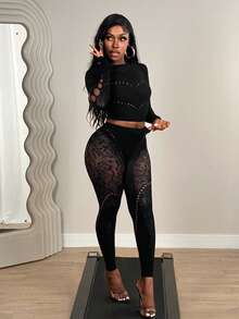 BamGleam Women's Hollow-Out Sheer Tight-Fitting 2 Pieces Set Night Out Club Black Summer Y2k Sexy - Black - View 6