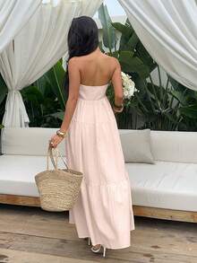 Sunnyshic Robe jaune sans bretelles pour femmes, tenue de plage, robe de plage, robe décontractée, style de vacances au bord de mer , tenue de vacances, robe d'été romantique et élégante, printemps/été - Rose bonbon - Voir 2