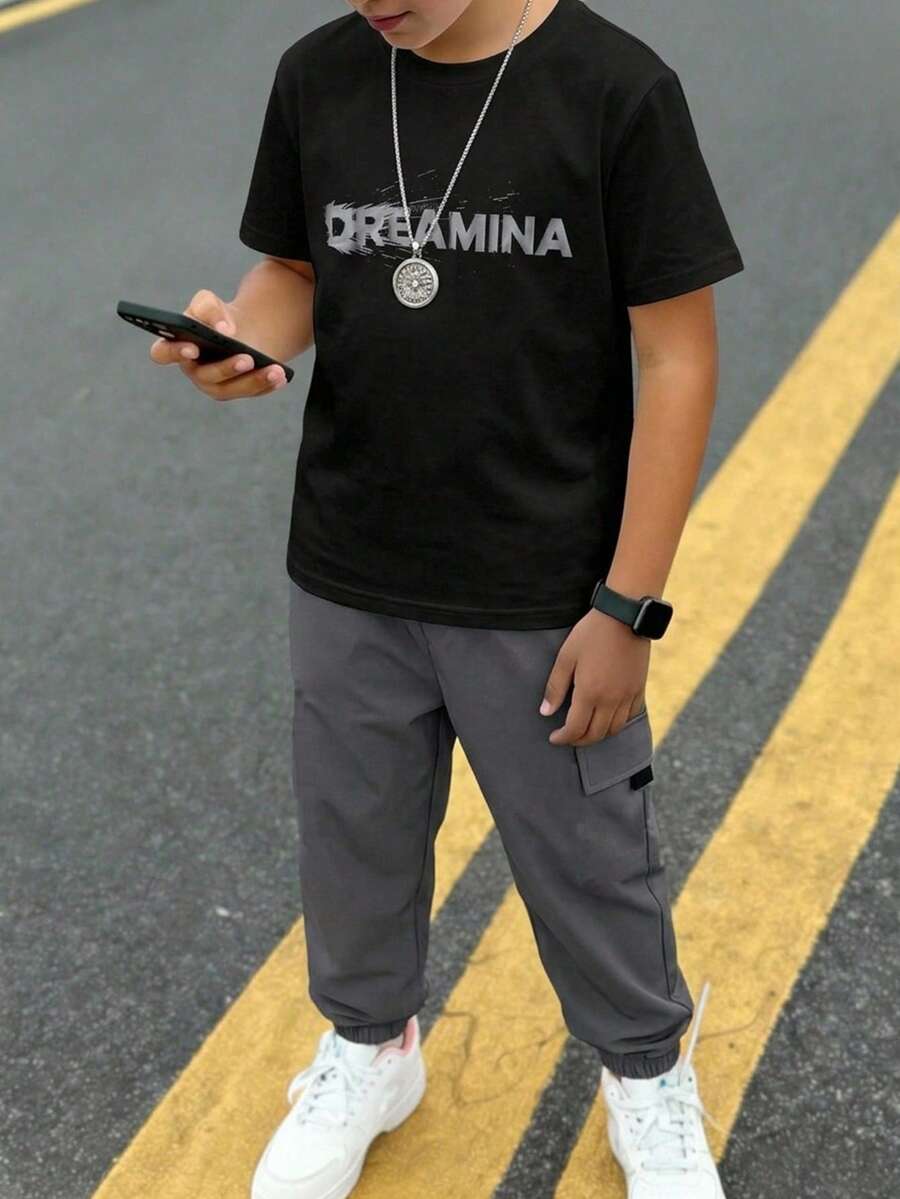 SHEIN Kids 2pcs Teen Boys Casual Creative Letter-Print T-Shirt And Pants Set Is Perfect For The Fall Back-To-School Season Summer Co Ord Set - Multicolor - View 1