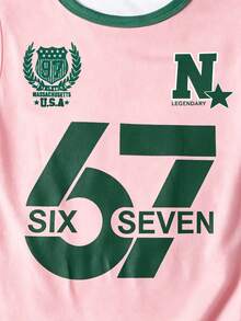 SHEIN 青少年女孩夏季新款美式運動T恤與工裝寬腿褲兩件套，「67 SIX SEVEN」字母與數字胸前印花，附徽章與「N」星形細節，適合派對穿著，實用時尚，島嶼風，海灘週末，夏季穿搭 - 彩色 - 查看 9