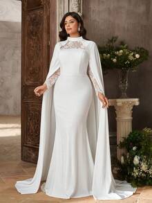 Aureia Plus Size Elegant White 2 In 1 Cape Lace Patchwork Elastic Fabric Round Neck Long Sleeve Mermaid Tail Train Dress Dinner Formal Wedding Autumn - White - View 8
