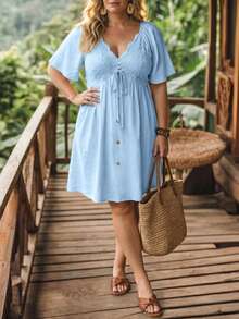 LanaWest CURVE Vestido de encaje con patchwork para vacaciones de primavera/verano en talla grande - Azul - Ver 3