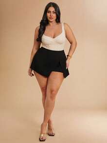SHEIN BAE Mono de mujer talla grande de unicolor con costuras en espina de pescado y corpiño ajustado - Albaricoque - Ver 4