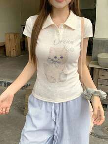 DAZY Women's Spring/Summer Fitted Slim-Fit T-Shirt With Animal Pattern Design - White - View 5