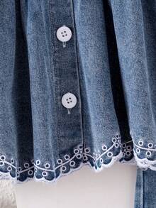 SHEIN Vintaside Kids Infant/Toddler Denim Lantern Sleeve Floral Lace Collar Embroidered Hem Blouse Pants Spring/Autumn Baby Girl 2 Pieces Set Family Matching Blue - Blue - View 4