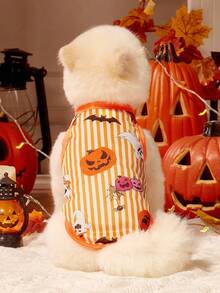 2pcs Pet Cat Dog Universal Halloween Striped Pumpkin Ghost Cartoon Pattern Printed Fashionable, Breathable And Comfortable Dog Vest, PETSIN Original Design - Multicolor - View 5