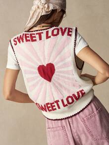 Bohemela Damen Stricktop mit Buchstabenmuster, romantisch, retro, Schul-Date, Schulanfang, Y2K, Country-Festival-Outfit, Weiß und Rosa, Herbst - Aprikosenfarben - Übersicht 1