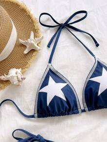 Soleia Women's Summer Beach Party Vacation Star Print Sexy Tropical Halter Bikini Set Navy Blue - Multicolor - View 6