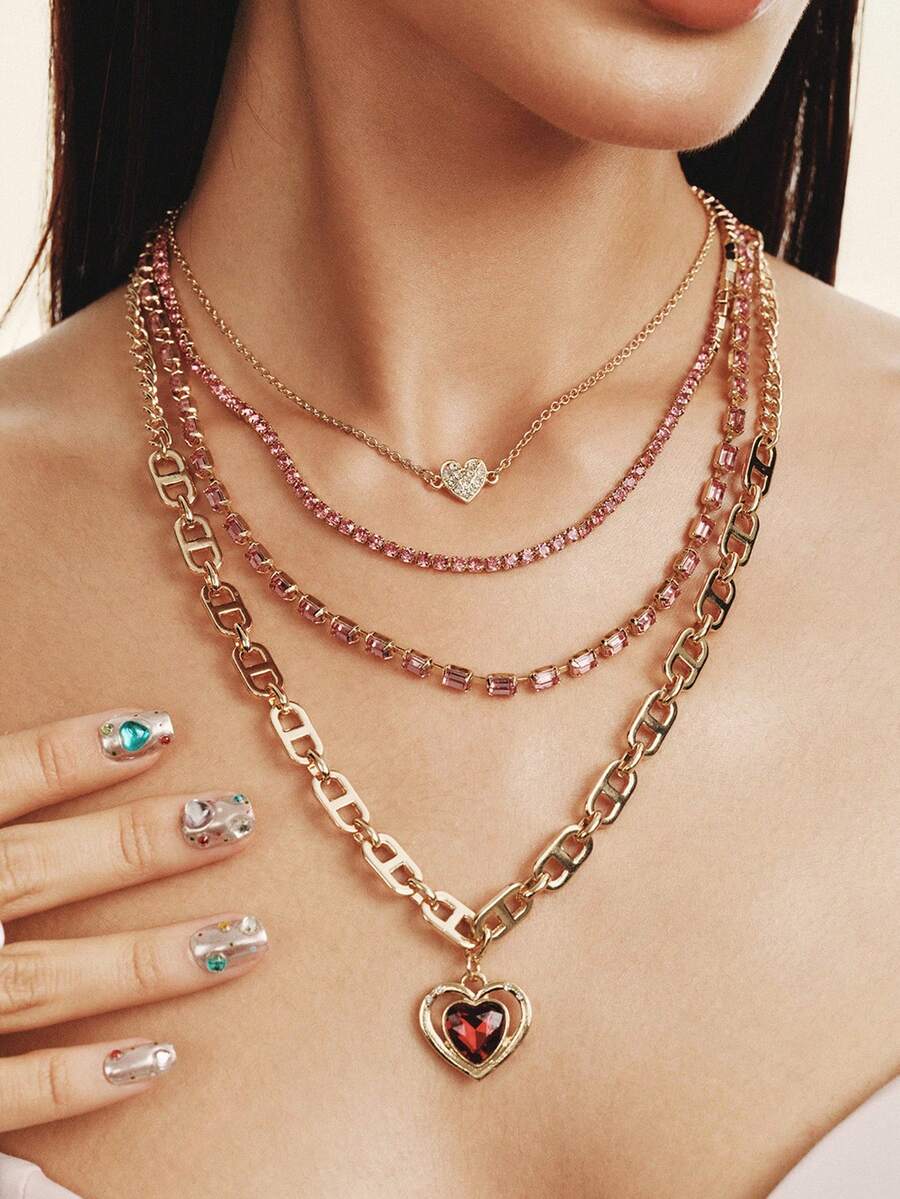 Popjeli Sweet And Cool Multi-Layer Pink Diamond Love Necklace, Retro Chain Stacked With Heavy Industry Collarbone Chain Y2K Spice Girl Accessories - love - View 1