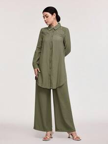 Veilorie 女款純色長袖上衣與長褲休閒日常兩件套 - 軍綠色 - 查看 3