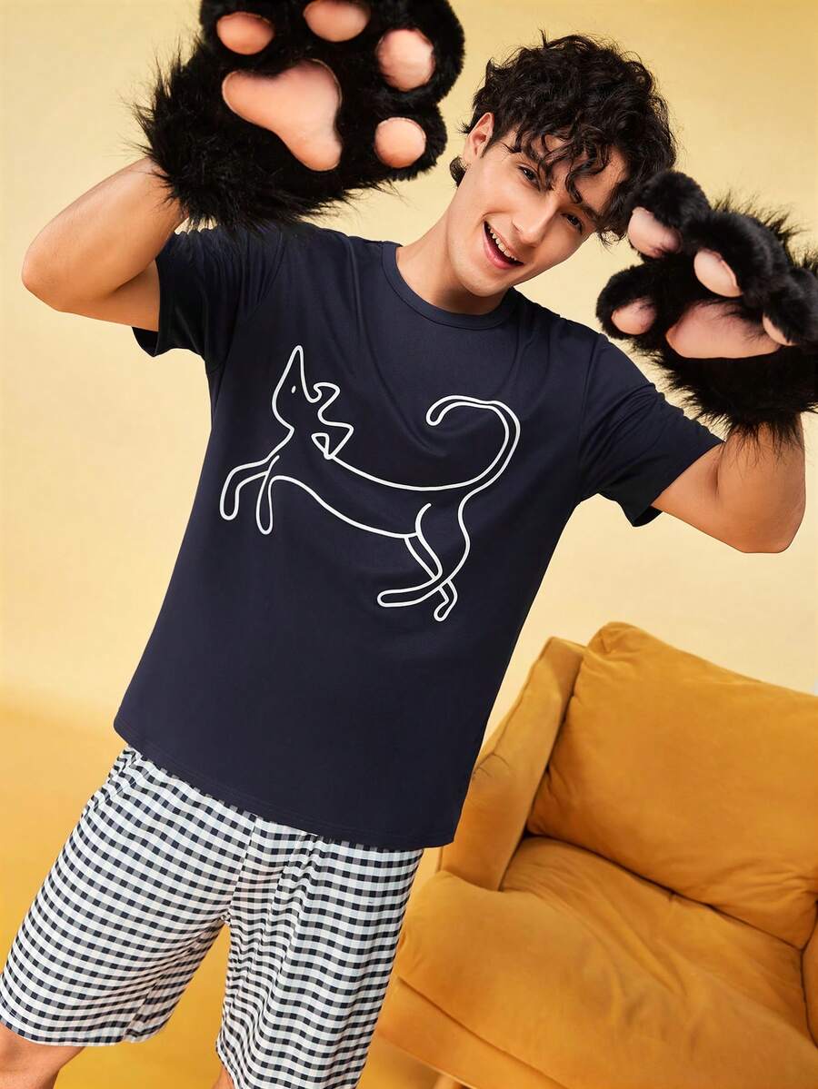 SHEIN Thin Short Sleeve Men's Casual Minimalist Loungewear Set - Blue - View 1