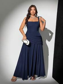 Viva Relle Plus Size Elegant Solid Color Spaghetti Strap Party Dress - Navy Blue - View 4