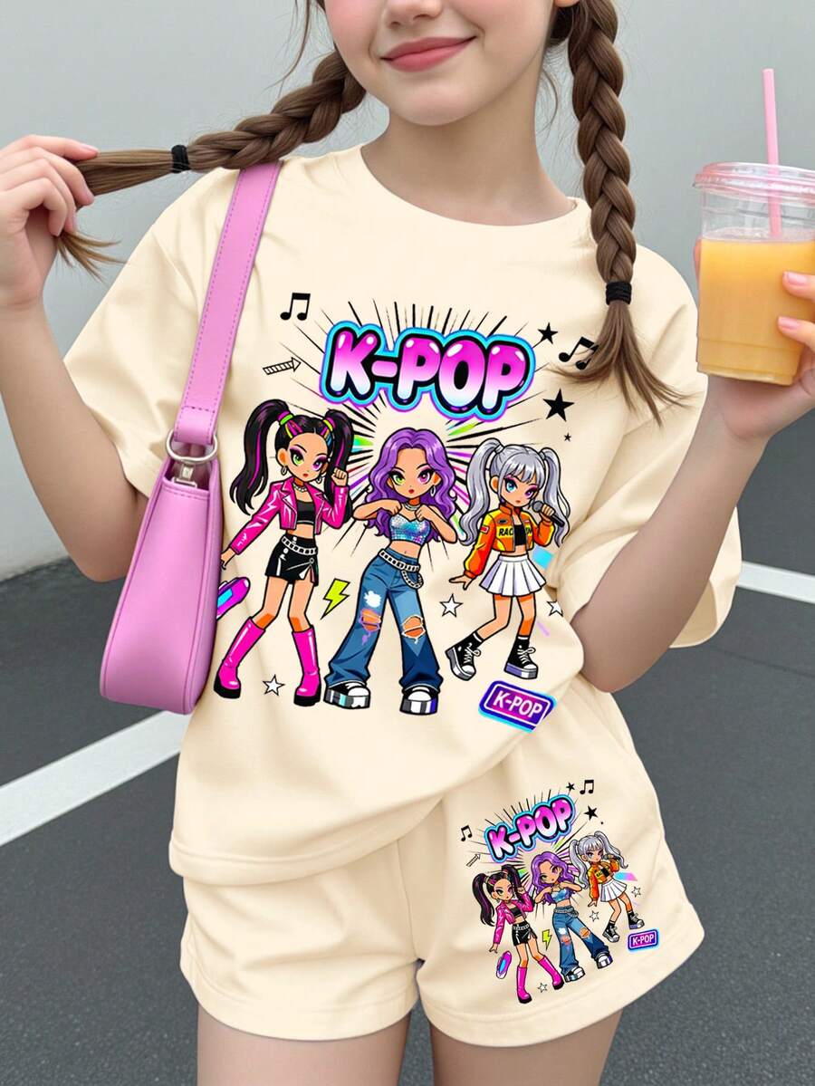 女童休閒 K-Pop Superstars 卡通女團印花奶油白短袖 T 恤與短褲兩件套,適合夏季 - 彩色 - 查看 1