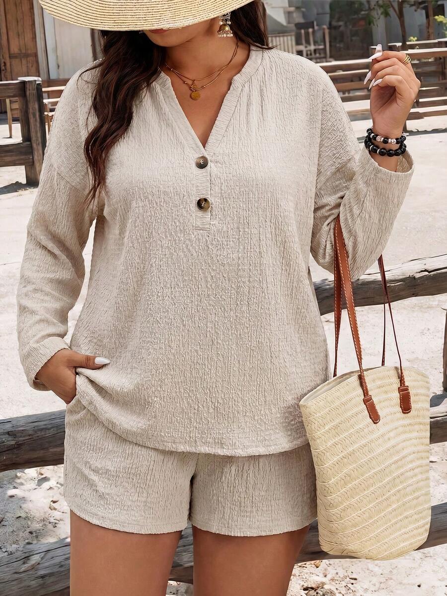 SHEIN LUNE Setelan Rajut Bertekstur Kasual Tradisional Ukuran Besar untuk Wanita Musim Gugur/Dingin, 2 Potong, Cocok untuk Acara Formal Pernikahan dan Tamu, Warna Abu-abu - Khaki - View 1