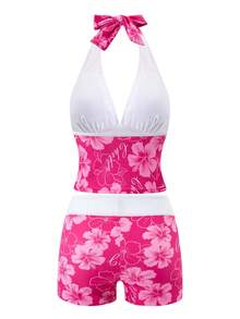 SHEIN Swim Curve Magenta Tropical Ditsy Floral Deep Tie Straps Casual Vacation Pool Women's Halter Neck Push-Up Bikini Top - Multicolor - View 2