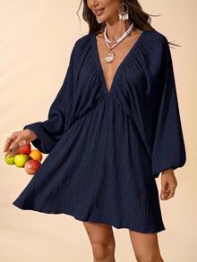 Travachic Solid Color Woven Loose V-Neck Long Sleeve Mini Dress For Women, Spring/Summer - Navy Blue - View 6