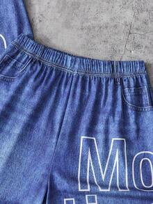 Conjunto de 2 piezas para niños grandes, camiseta azul y pantalones cortos, estampado de letras grandes y patrón de denim falso, camiseta de manga corta con cuello redondo y pantalones cortos, adecuado para uso casual diario en primavera/verano, tela cómoda, ajuste de moda, nuevo estilo de primavera/verano, adecuado para múltiples estaciones y ocasiones - Azul - Ver 6