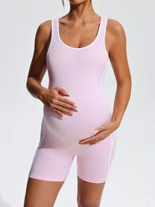 SHEIN 孕婦純色滾邊休閒背心式運動連身褲 - 粉色 - 查看 5
