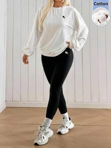 SHEIN EZwear 女款休閒馬術印花長袖T恤與內搭褲套裝 - 黑與白 - 查看 8