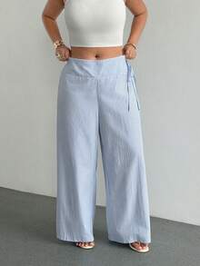 Sunnyshic Plus Size Women's Striped Casual Versatile Daily Wear Wide Leg Pants Fall - Blue and White - View 4