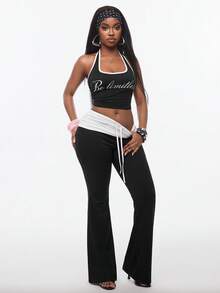 Vadaroq Women Summer 2 Piece Outfit, Halter Crop Top And Fold Over Flare Pants Set, Y2K Streetwear 2000s Black And White All Black Going Out Gym Workout - Black - View 6