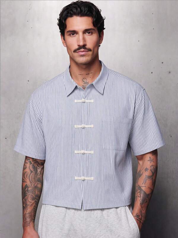 GENTILAND Men's Blue & White Striped Mandarin Collar Shirt, Frog Button Short Sleeve, Summer Streetwear Vacation
