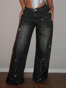 Jeanoix Plus Size Women's Fashion Rhinestone Embellished Washed Denim Wide Leg Pants Rave Black Summer - Black - View 7