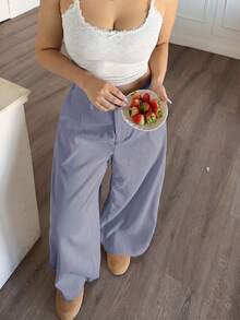 SHEIN PETITE CURVE 大尺碼女款純色鈕扣休閒百搭寬腿褲，適合日常穿著 - 淡紫色 - 查看 5