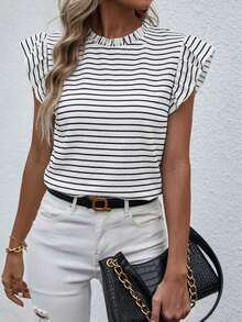 SHEIN Blusa con cuello alto, volantes y ribete de volantes para ropa de Año Nuevo - Blanco - Ver 1