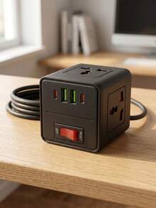 Teckwe 1pc Minimalist Black Cube Power Strip - Fire-Resistant PC Plastic With 3 AC Outlets & 4 USB Ports (2 Type-C + 2 USB-A), Fast Charging Desktop Charging Station, Overload Protection With Reset Switch, Space-Saving Compact Design - Black - View 3