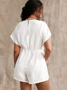 Nubod 夏季新款拼接蕾絲V領蝙蝠袖短袖時尚休閒女款大尺碼連身褲 - 白色 - 查看 3