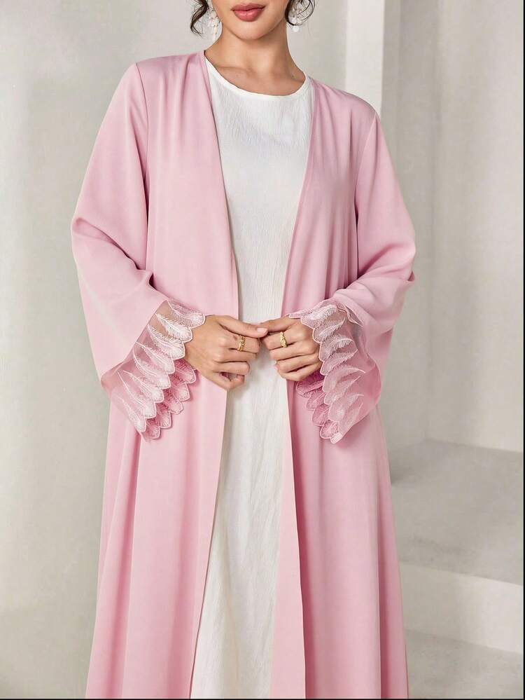 Yasmyna Abaya Arab Wanita dengan Desain Manset Renda yang Indah - Berwarna merah muda - View 5