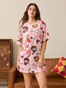 HARRY POTTER X SHEIN Women's Cartoon Print Round Neck Short Sleeve Nightgown - Pink - View 1