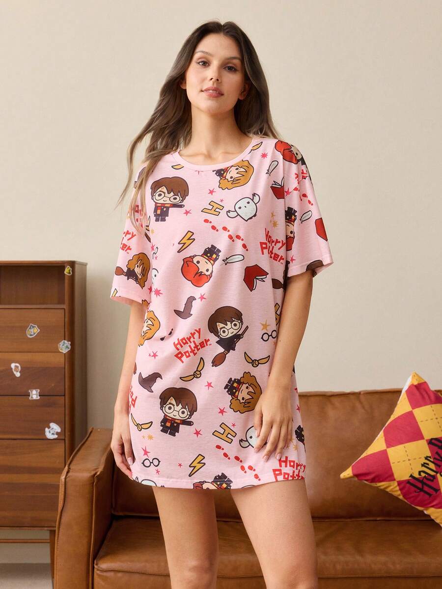 HARRY POTTER X SHEIN Women's Cartoon Print Round Neck Short Sleeve Nightgown - Pink - View 1