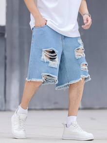 Manfinity Hypemode Shorts décontractés en jean délavé et effiloché avec poches, coupe ample, grande taille pour hommes - Bleu azur - Voir 4