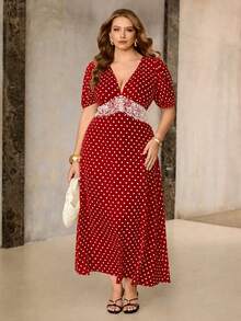 Roveilla Elegante vestido de mujer con lunares, cuello en V, manga corta, silueta ajustada en A para verano, tela sin estiramiento, adecuado para ocasiones/vacaciones/citas, blanco - Rojo - Ver 5