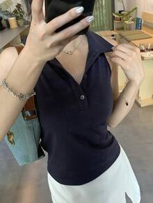 Livesso Débardeur sans manches à col revers, coupe slim, devant mi-ouvert pour femmes - Bleu marine - Voir 4