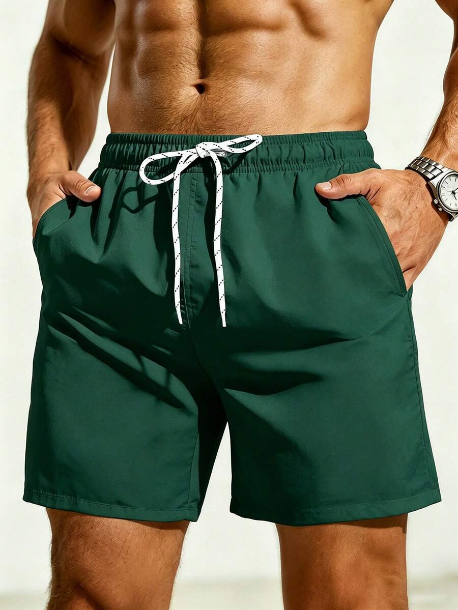 Manfinity KASUA Men's Solid Color Casual Beach Shorts For Vacation - Green - View 1