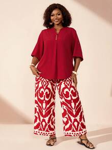 BrightlyHer Setelan 2 Potong Kemeja Polos dan Celana Motif Cetak untuk Liburan Ukuran Besar - MultiWarna - View 7