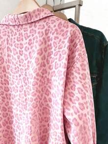 SHEIN 時尚青少年女孩套裝（13-19歲）休閒極簡粉色豹紋長袖鈕扣襯衫，春夏風格，輕量面料，附 Polo 刺繡設計，適合日常上學與休閒外出 - 彩色 - 查看 4