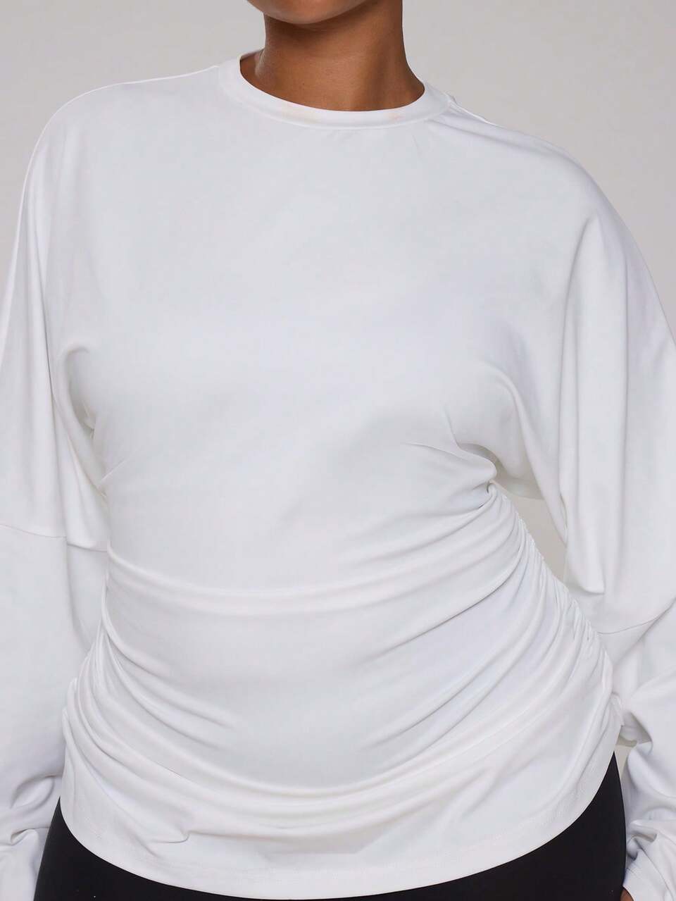 Plus Size White Long Sleeve Ruched Side Detail Top Spring Summer Casual Everyday Day Outfit Going Out