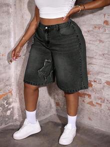 Slaydiva Pantalones cortos vaqueros sueltos y casuales de talla grande con estampado de estrellas, azul - Negro - Ver 5
