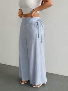 Sunnyshic Plus Size Women's Striped Casual Versatile Daily Wear Wide Leg Pants Fall - Blue and White - View 3