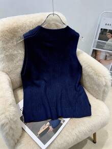 Franclia Plus Size Women's Spring/Summer New Hollow-Out Solid Color French Elegant Casual Chic Versatile Exquisite Gentle Sweater Vest Office Dates Navy Blue - Navy Blue - View 2