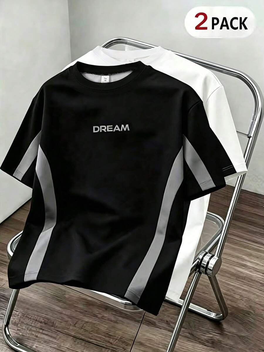 SHEIN Vacaura 青少年男孩 2件/組 夏季休閒拼接色短袖T恤 - 黑與白 - 查看 1