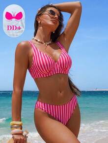 Swim DD+ 女款性感 DD+ 聚攏鋼圈時尚碎花可正反穿比基尼套裝，春夏款 - 粉色 - 查看 8