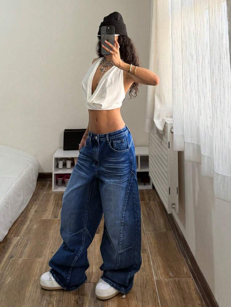 StreetHx Women's Casual Loose Low Waist Curved Leg Denim Jeans With Pockets,Fall/Winter - Dark Wash - View 7