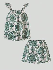 Elladie kids 青少年女孩 T-shirt 與短褲 2 件套，休閒寬鬆度假風，極簡回校穿搭，復古波希米亞夏季女童服飾 F - 彩色 - 查看 4
