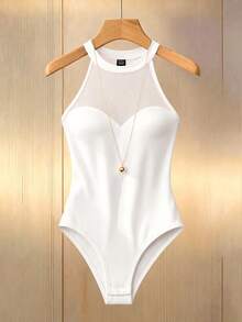 SHEIN Damen Frühling/Sommer eleganter sexy ärmelloser Neckholder Mesh-Bodysuit mit Taillenbetonung, transparent gestrickt, für Urlaub, Pendeln, Nachtausgang, Date Night, Weiß - Weiss - Übersicht 4