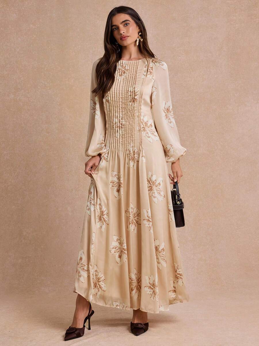Enchnt 女款花卉印花百褶設計燈籠袖優雅洋裝 - 杏色 - 查看 1